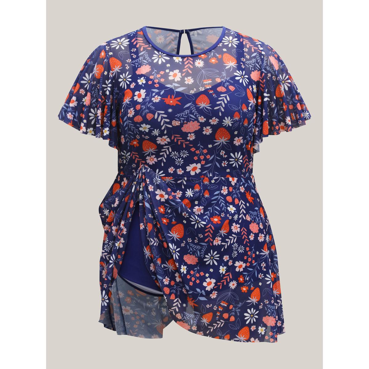 Plus Size Floral Print Mesh Very Stretchy Swim Dress Women's Swimwear Indigo Beach Bodycon Heart neckline High stretch Curve Swim Dresses BloomChic 26/4X Product Image