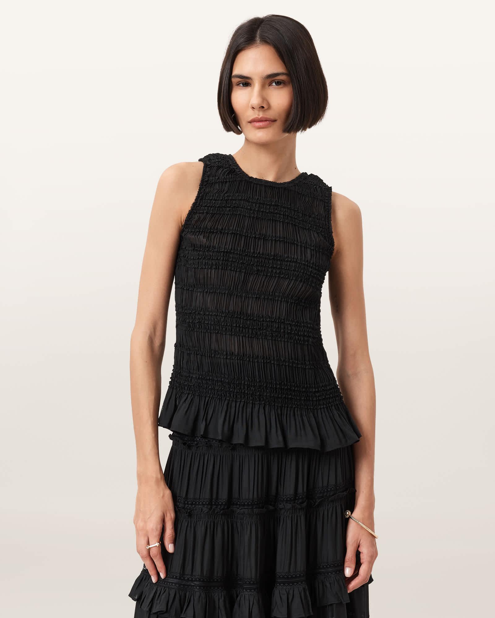 Marion Shirred Sleeveless Top Black | ALLSAINTS US Product Image