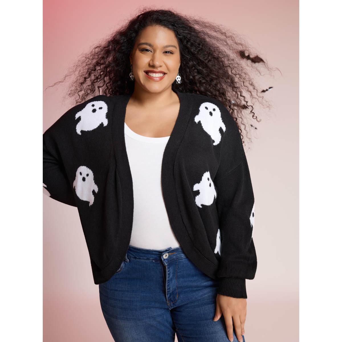 Plus Size Happy Ghost Jacquard Arc Cardigan Black Women Playful Loose Long Sleeve Casual Cardigans BloomChic 22-24/3X Product Image