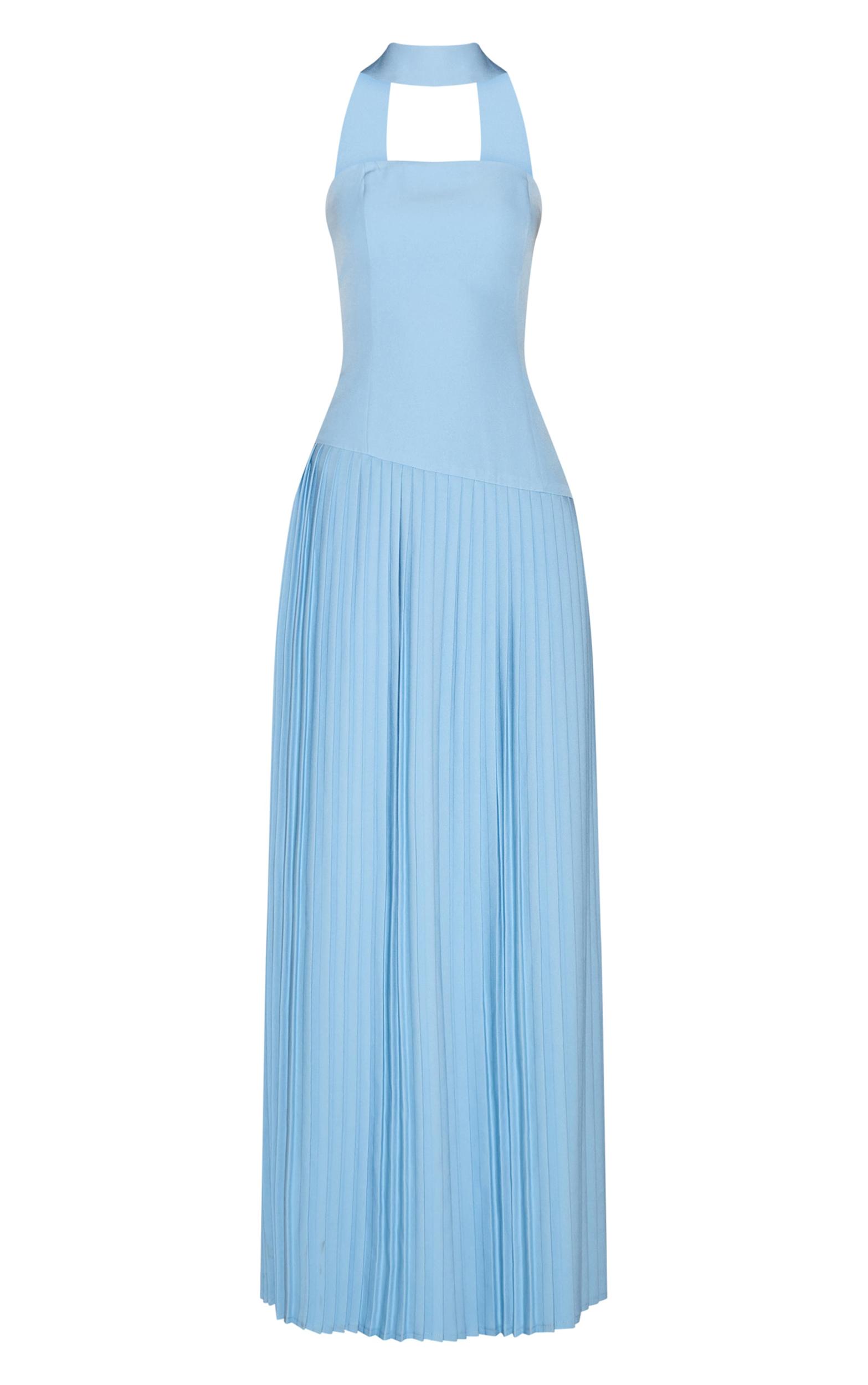 Pale Blue Woven Asymmetric Pleated Maxi Dress Product Image