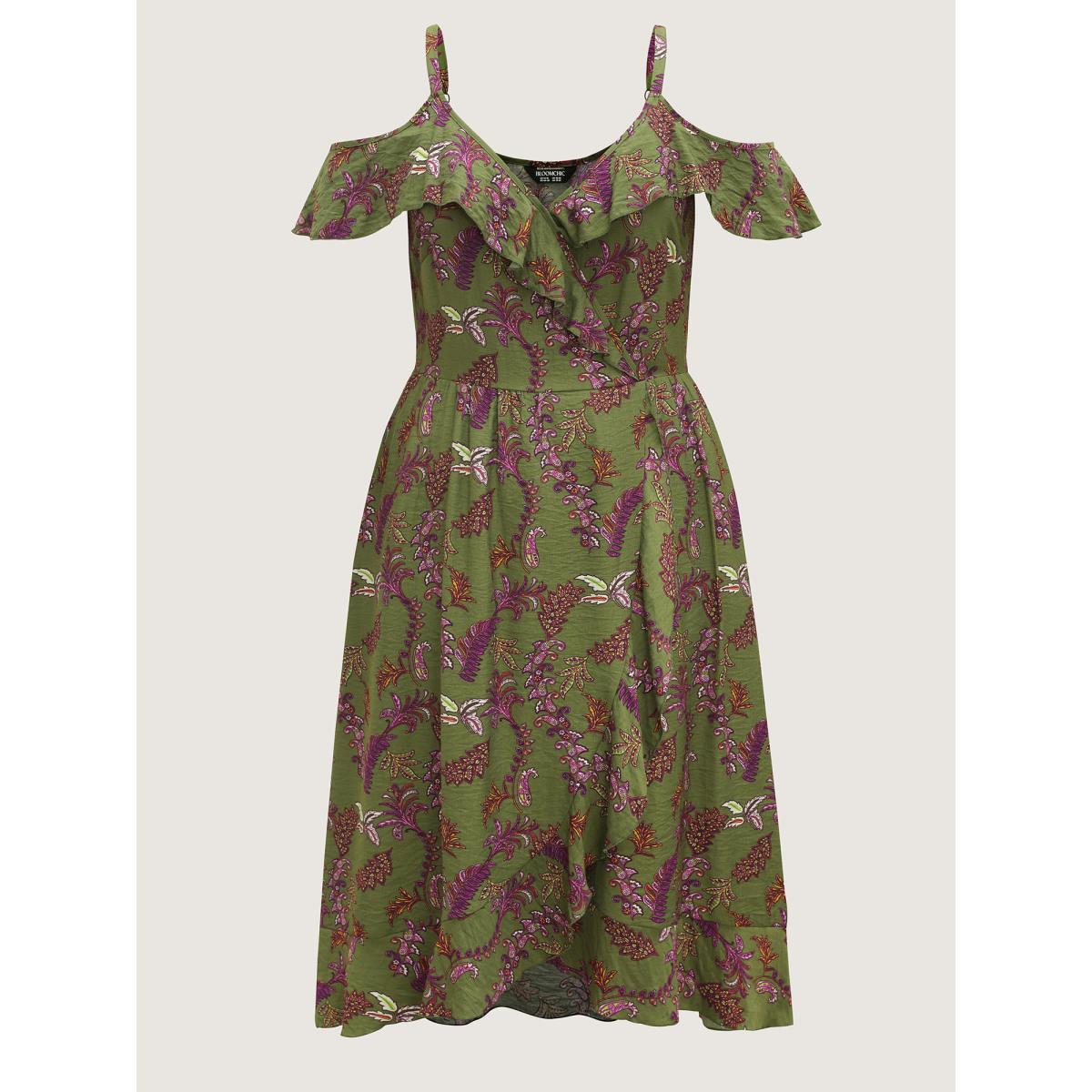 Plus Size Boho Floral Ruffled Off-Shoulder Midi Dress Moss Women One-shoulder neck Short sleeve Curvy BloomChic 10/M Product Image