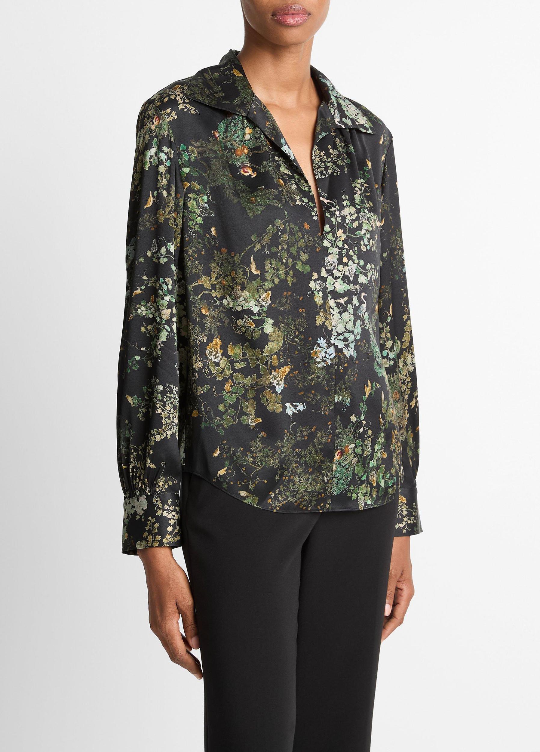 Smocked Grape Vine Silk Long-Sleeve Blouse Product Image