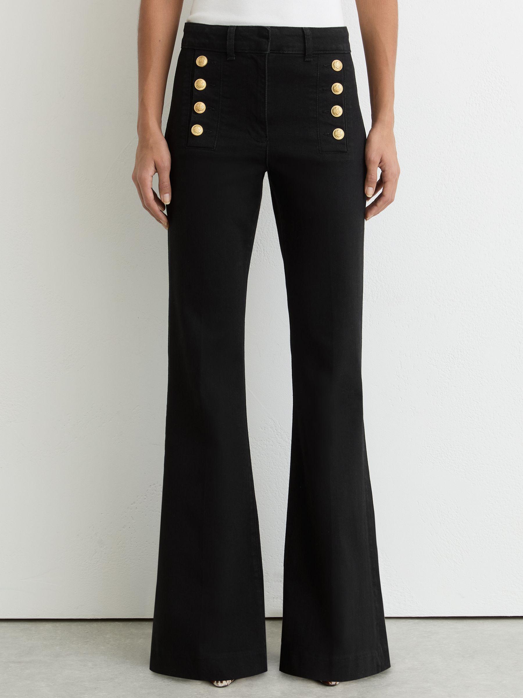 Button-Detail High-Rise Flared Jeans in Black Product Image