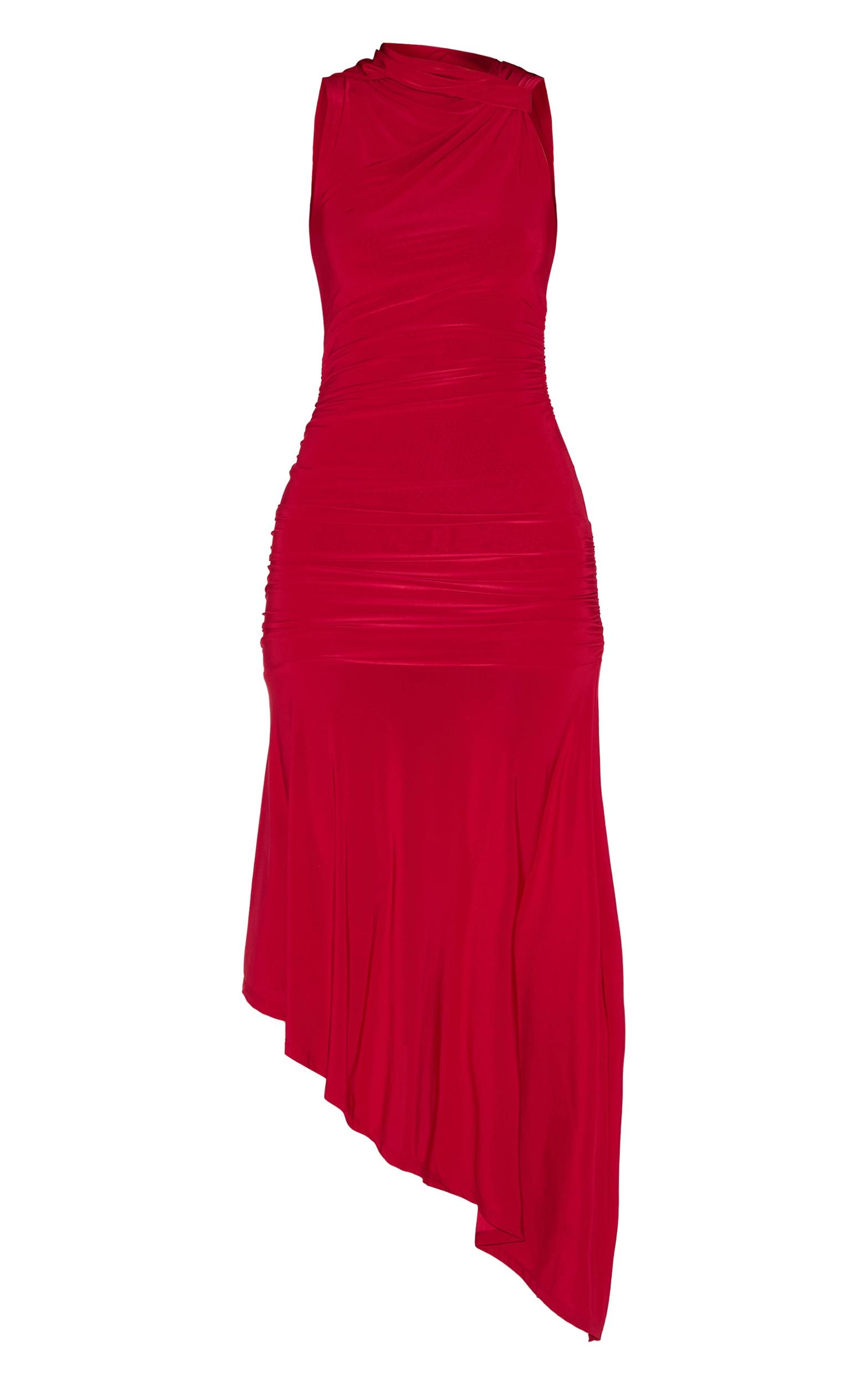 Red Double Layer Slinky Asymmetrical Ruched Midaxi Dress Product Image