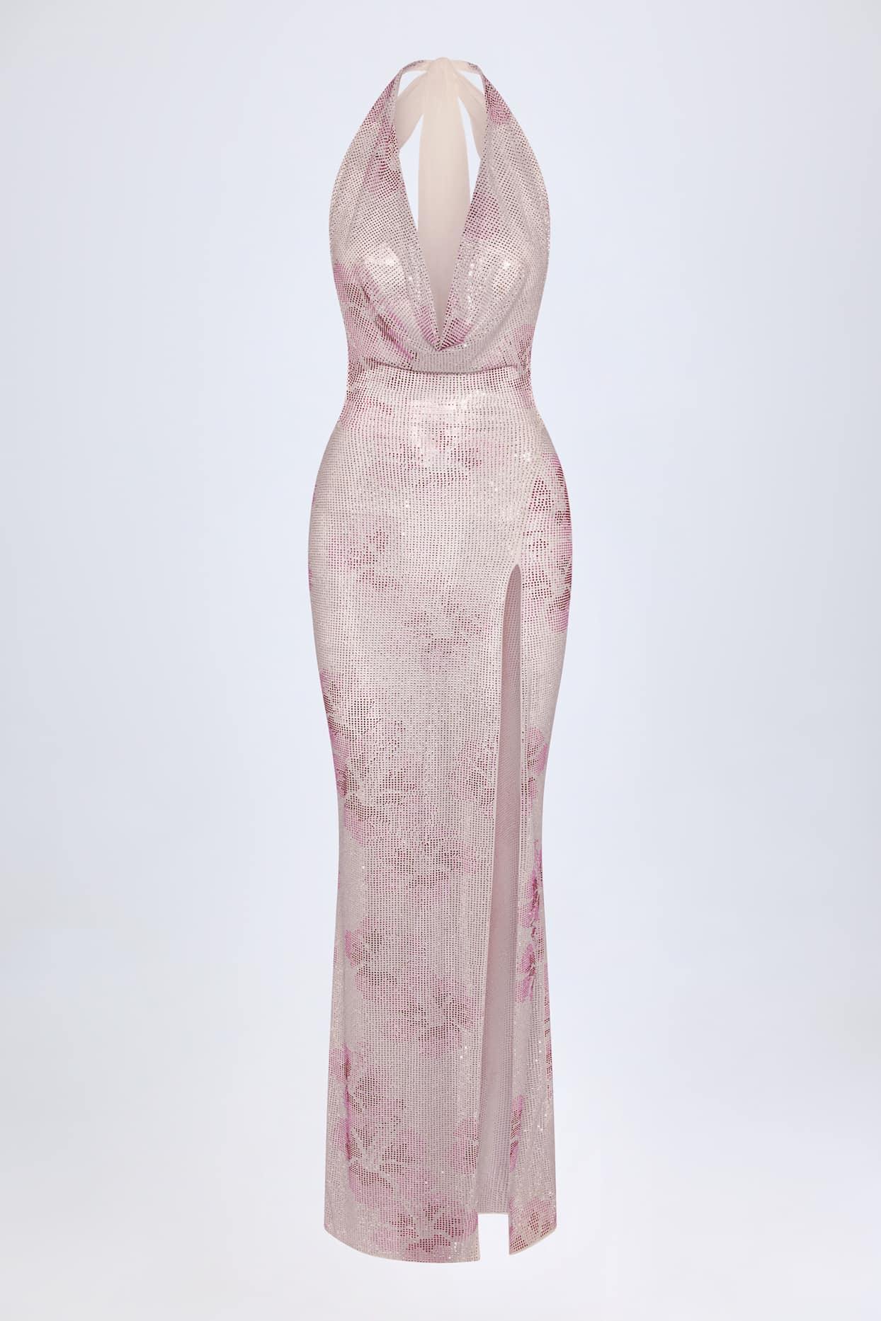Embellished Cowl-Neck Maxi Dress in Pink White Hotfix Product Image