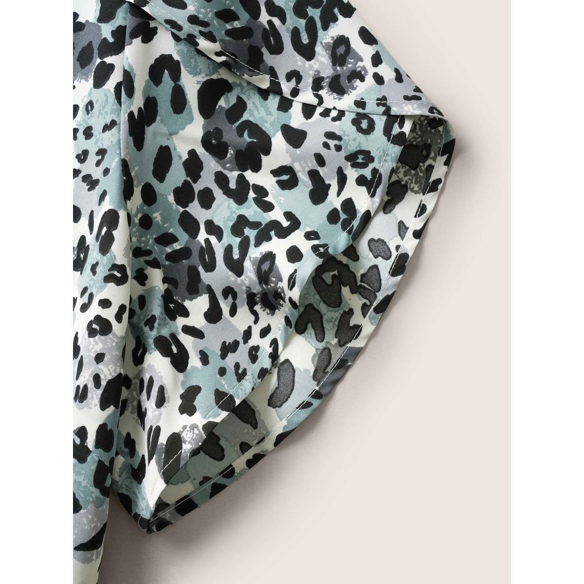 Plus Size Leopard Print Petal Sleeve Belted Dress Teal Women At the Office Belted Round Neck Short sleeve Curvy BloomChic 18-20/2X Product Image