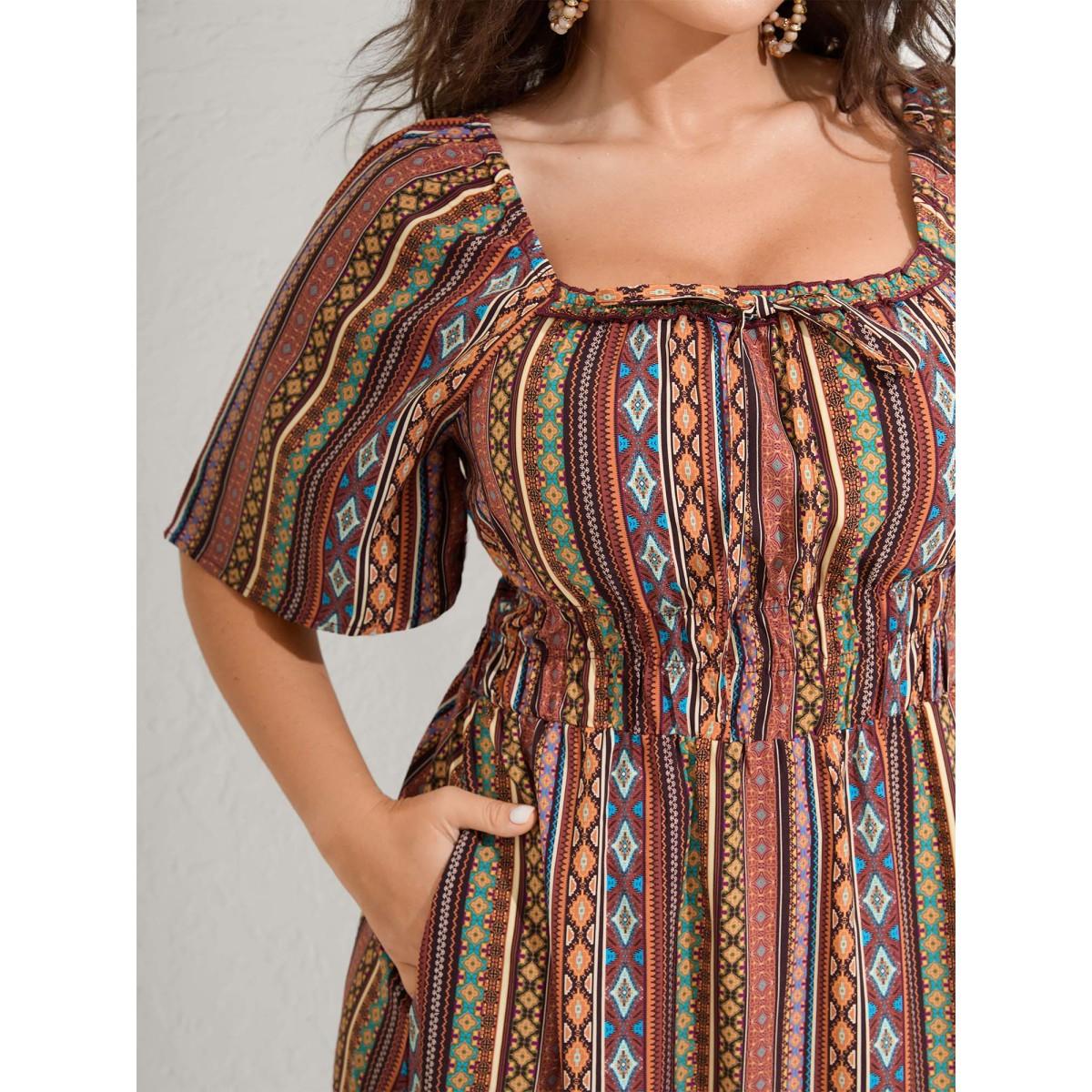 Plus Size Striped Cinched-Waist Midi Dress Yellowishbrown Women Boho Tie knot Square Neck Half Sleeve Curvy BloomChic 22-24/3X Product Image