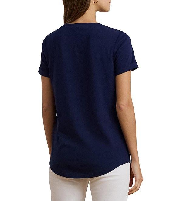Lauren Ralph Lauren Stripe Beaded Logo Crew Neck Cotton Jersey Tee Top Product Image
