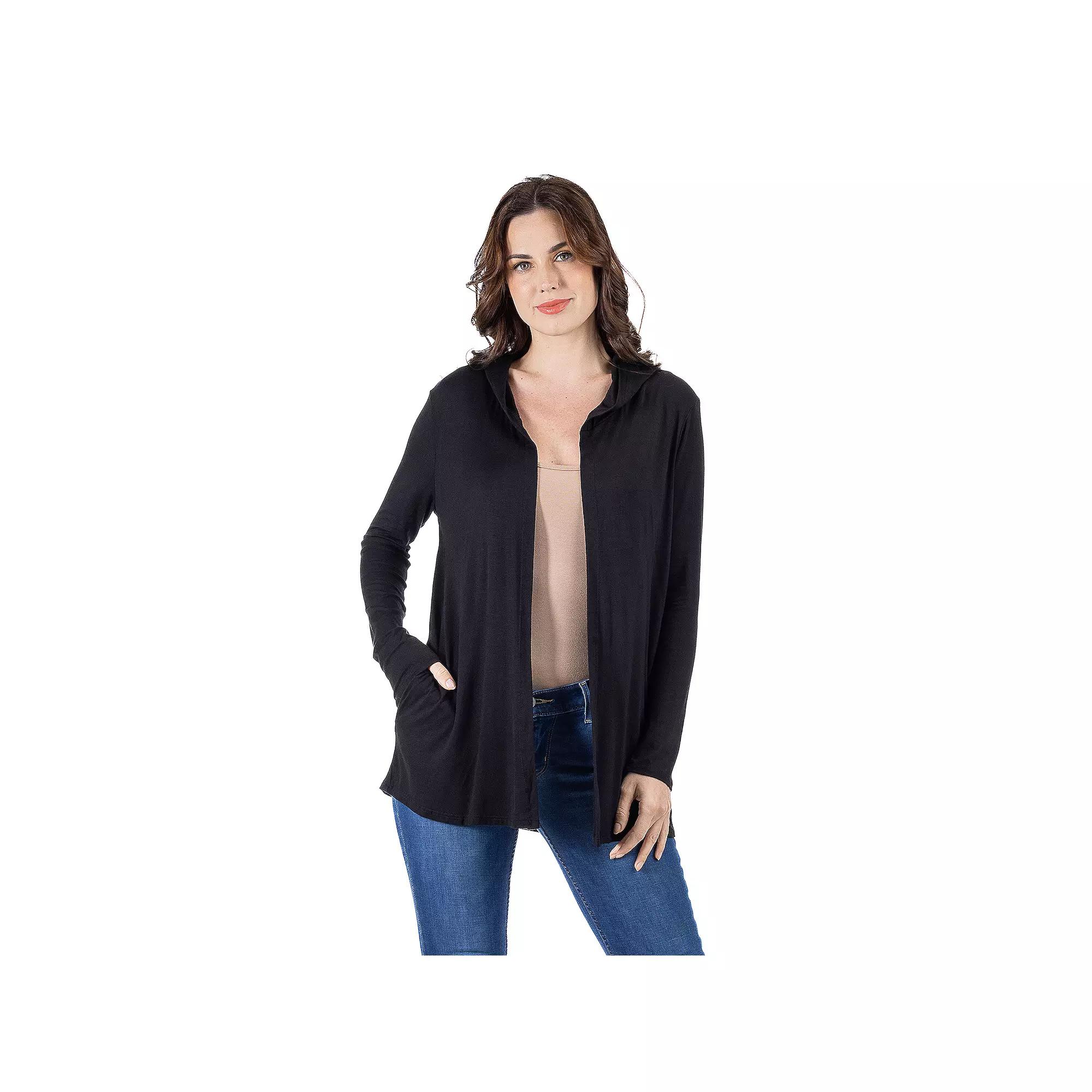 Women's 24Seven Comfort Apparel Open Front Lightweight Hooded Cardigan,  Product Image