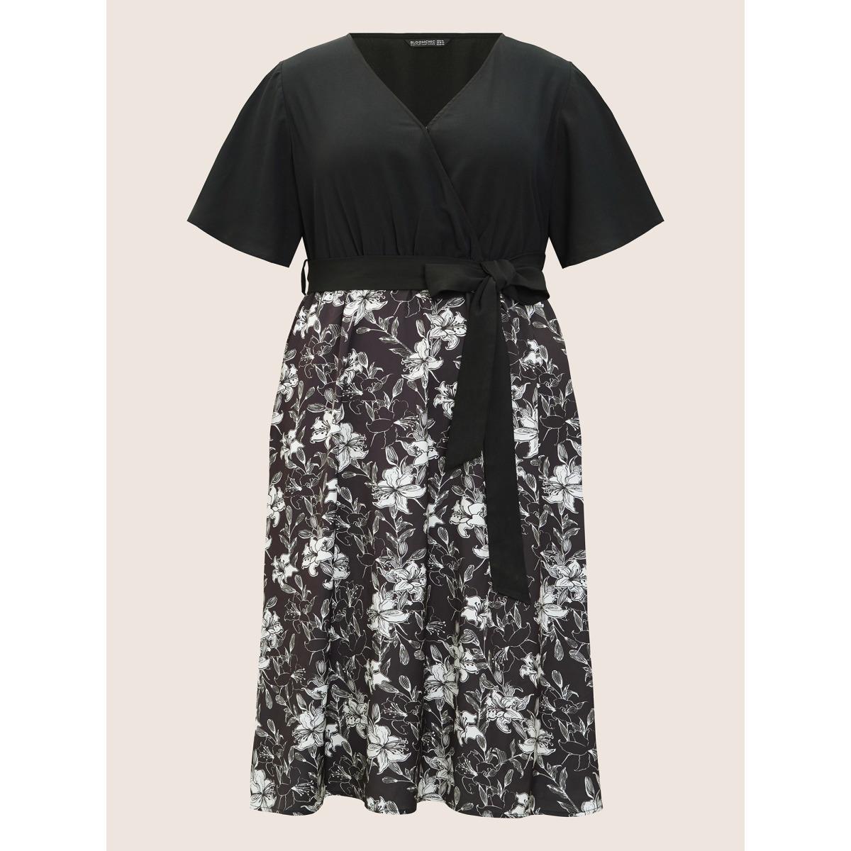 Plus Size Floral Patchwork Pocket Belt Surplice Neck Ruffle Hem Dress Black Women Timeless Patchwork V-neck Short sleeve Curvy Midi Dress BloomChic 12/L Product Image