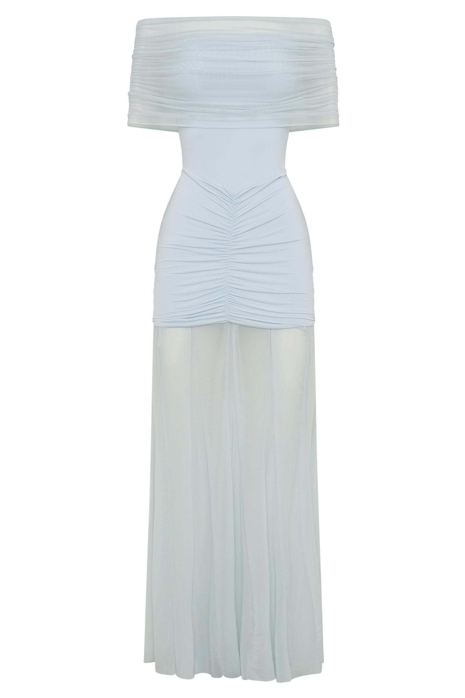 Caspian Slinky And Mesh Off Shoulder Maxi Dress - Pale Blue Product Image