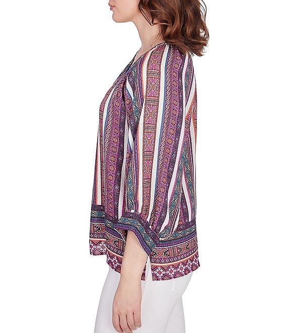 Ruby Rd. Southwest Stripe Border Print Metallic Detail Braid Trim V-Neck 3/4 Balloon Sleeve Top Product Image