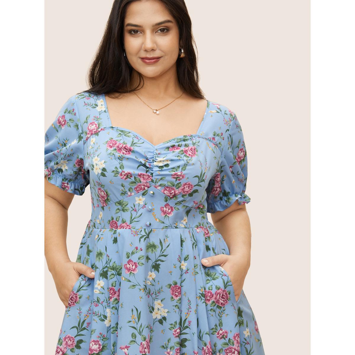 Plus Size Floral Heart Neckline Shirred Lantern Sleeve Dress LightBlue Women Elegant Gathered Heart neckline Short sleeve Curvy Midi Dress BloomChic 12/L Product Image