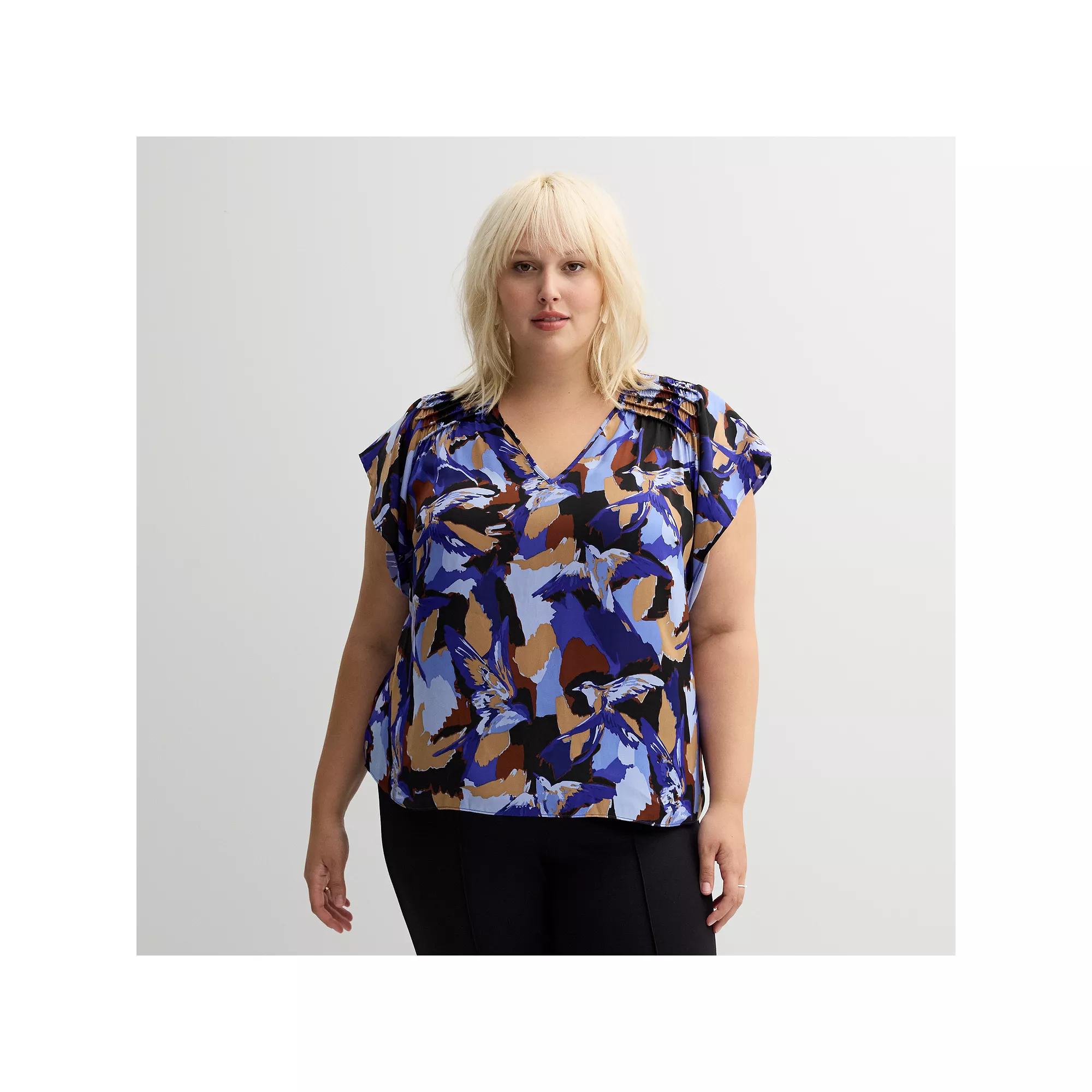 Plus Size Nine West V-Neck Blouse, Women's, Size: 1XL, Blue Bold Birds Product Image