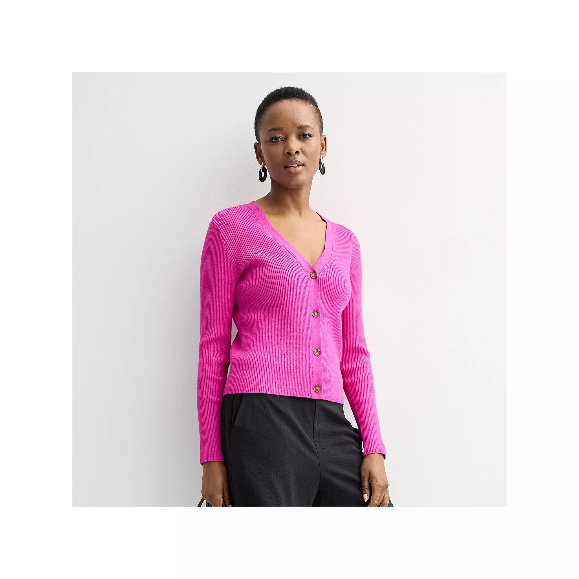 Women's Nine West Fitted Sweater Sculpt Ribbed Cardigan, Size: Medium, Orchid Landscape Product Image