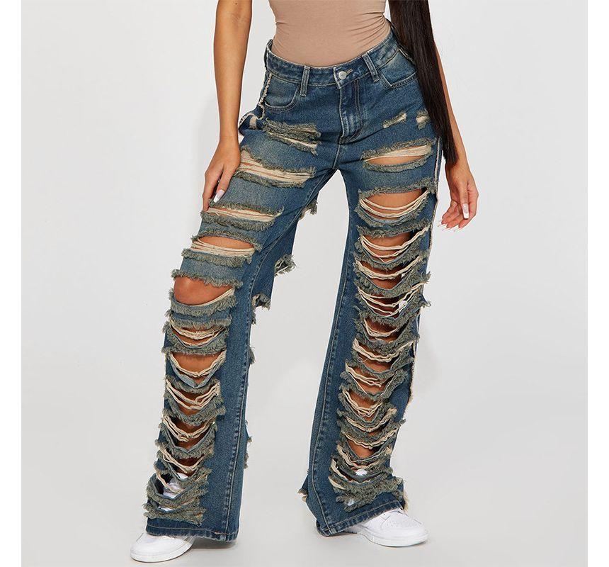 High Waist Washed Ripped Wide Leg Jeans Product Image