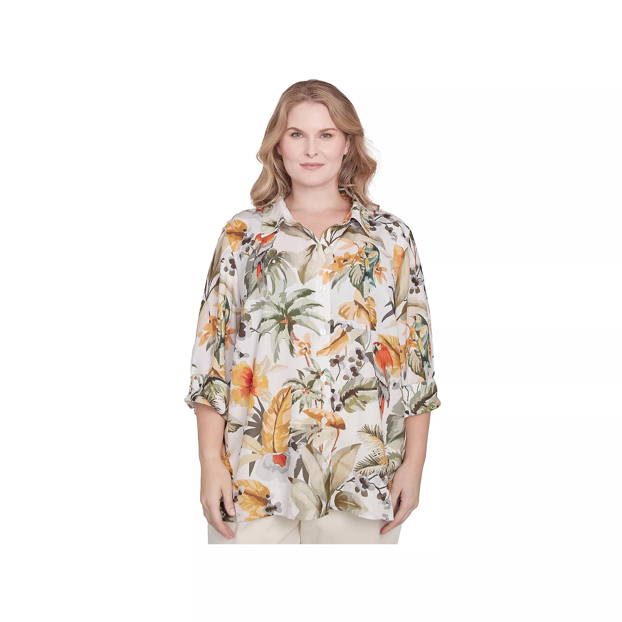 Plus Size Alfred Dunner Tropical Bird Button Front Top, Women's, Size: 1XL, Green Team Product Image