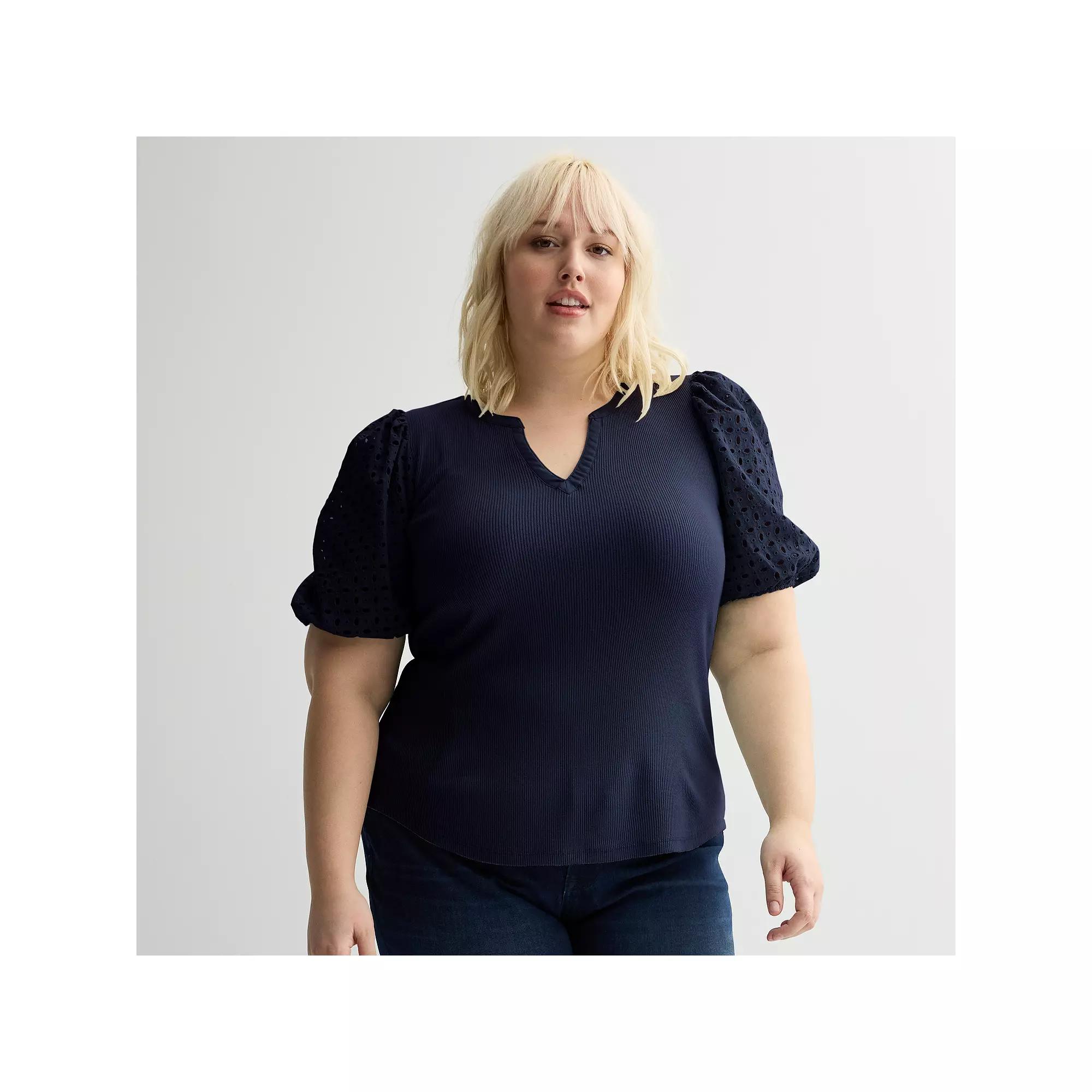 Plus Size Nine West Mixed Media Puffed Sleeve Y-Neck Top, Women's, Size: 1XL, Captain Product Image