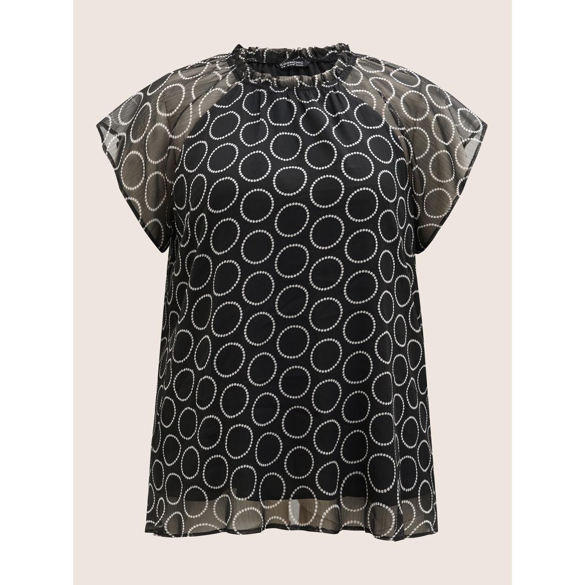 Plus Size Black Polka Dot Mock Neck Mesh Patchwork Blouse Women Workwear Essentials Cap Sleeve Round Neck Work Blouses BloomChic 10/M Product Image