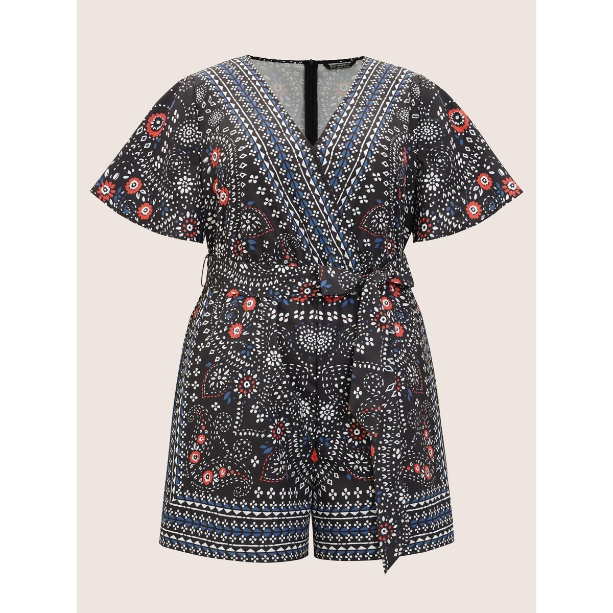 Plus Size Black Bandana Print Belted Pocket Surplice Neck Romper Women Resort Short sleeve V-neck Vacation Loose Jumpsuits BloomChic 18-20/2X Product Image