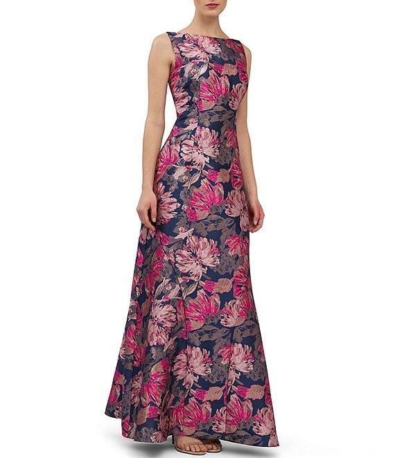 Kay Unger Maren Metallic Floral Jacquard Boat Neck Sleeveless Sheath Gown Product Image