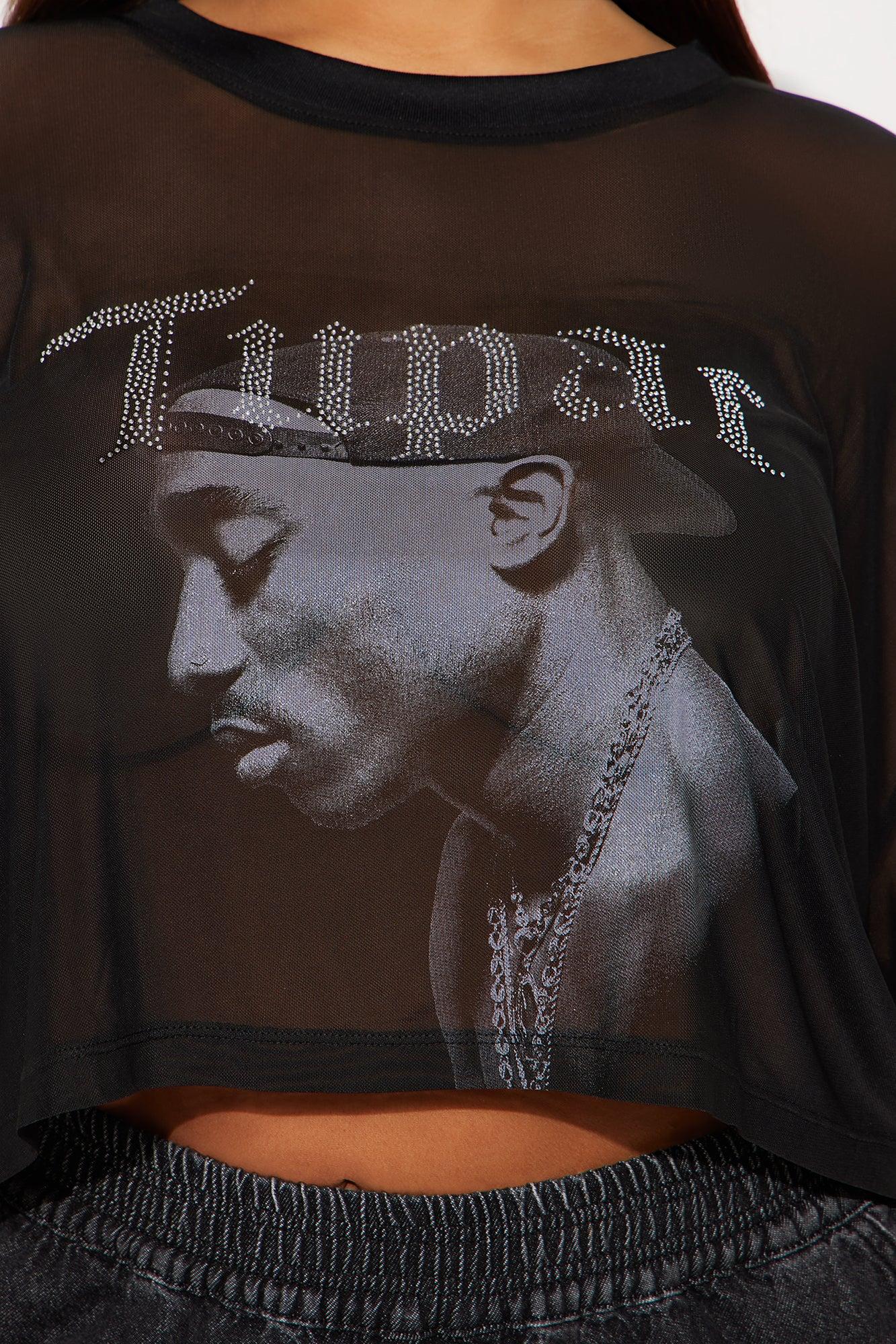 Tupac Mesh Rhinestone Cropped Tee - Black Product Image
