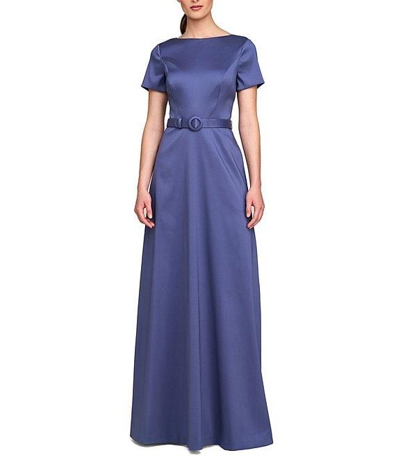 Kay Unger Louisa Stretch Mikado Boat Neck Short Sleeve Belted A-Line Gown Product Image