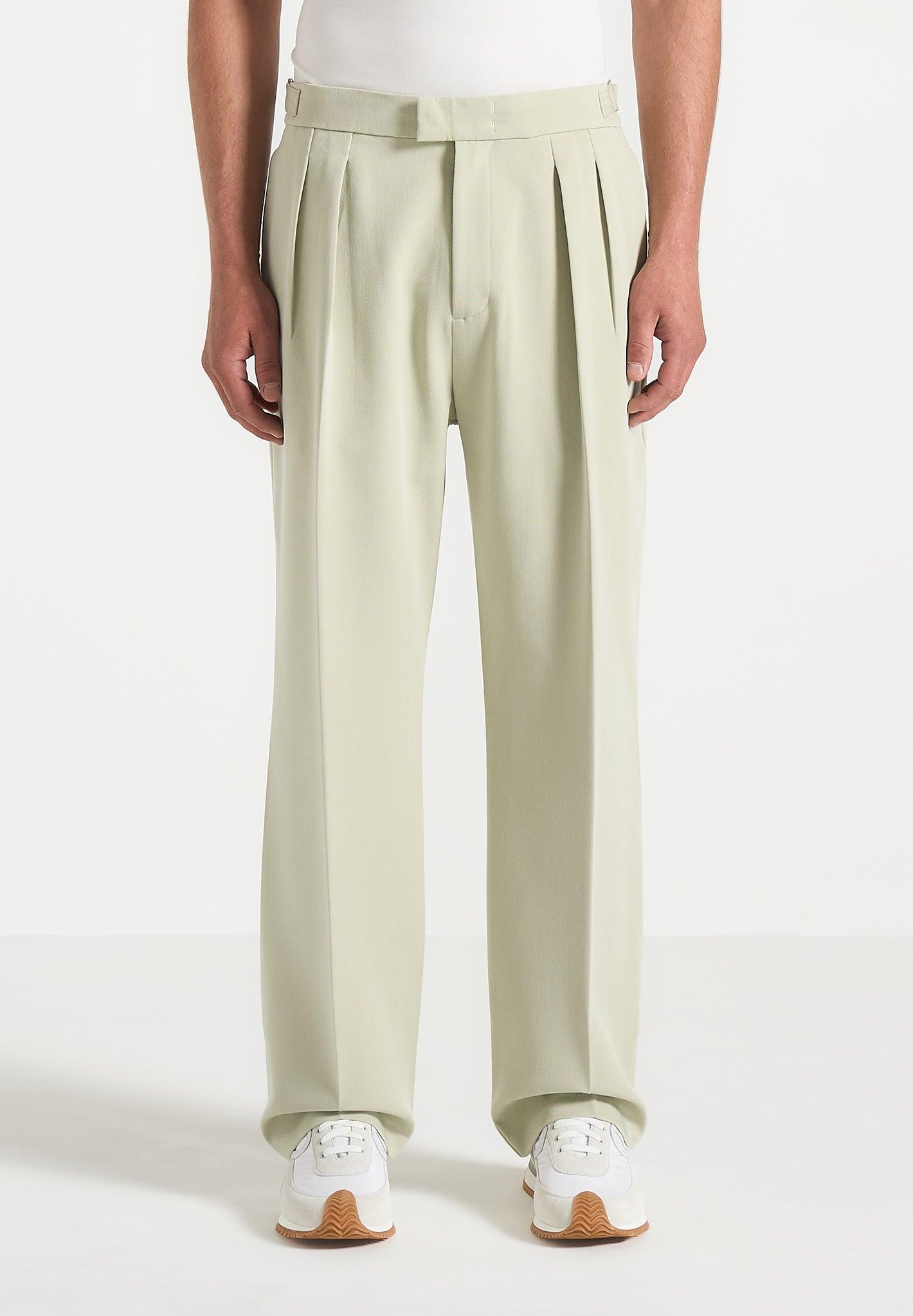 Pierre - Relaxed Fit Hatched Pleated Tailored Trousers - Sage Male Product Image