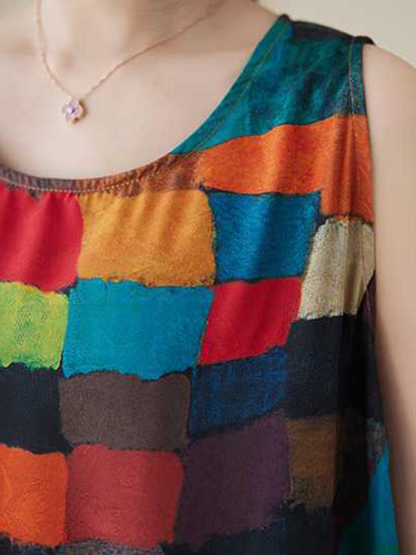 Loose Sleeveless Contrast Color Multi-Colored Plaid Round-Neck Midi Dresses Product Image