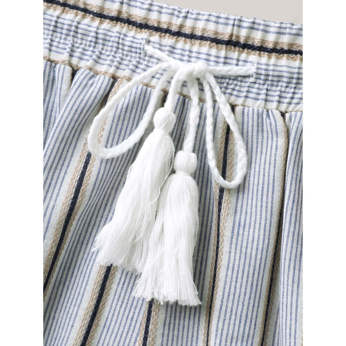 Plus Size Stripes Tassels Straight-Leg Shorts Women LightBlue Resort Drawstring Straight Leg Vacation Shorts BloomChic 30/6X Product Image