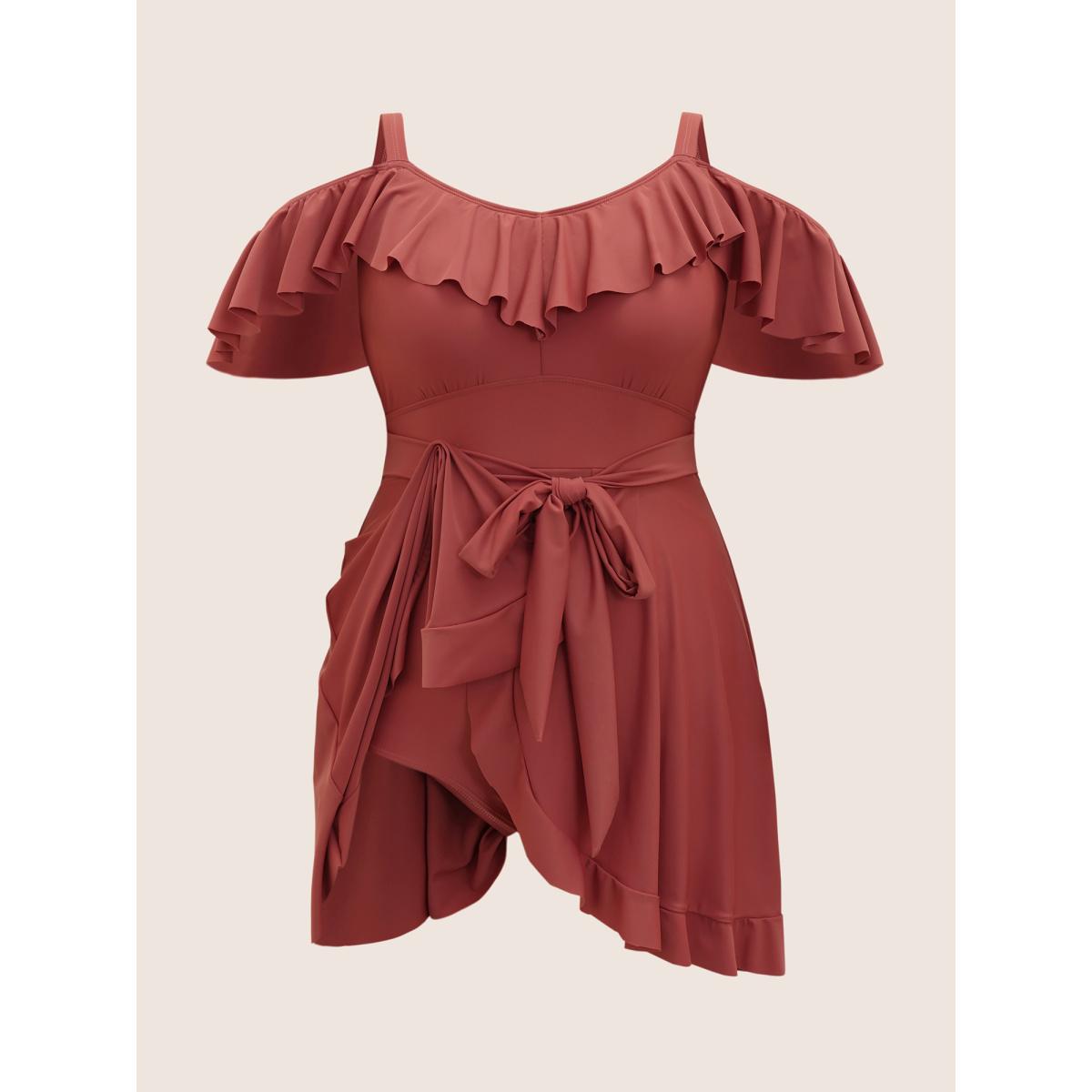 Plus Size Solid Cold Shoulder Ruffles Tie Knot Swim Dress Women's Swimwear Russet Beach Bodycon One-shoulder neck High stretch Curve Swim Dresses BloomChic 10/M Product Image