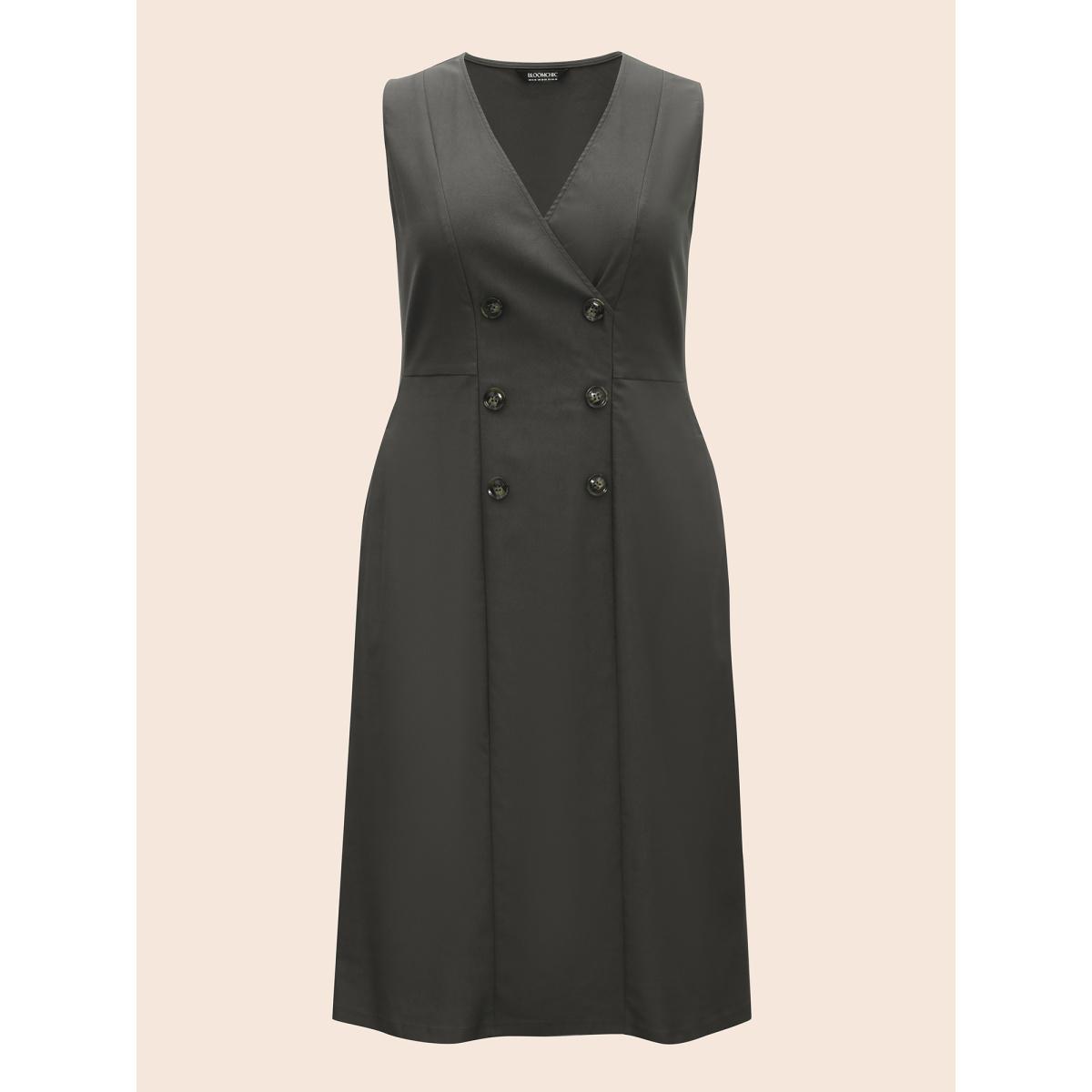 Plus Size Stretch Woven Double Breasted Wrap Dress DarkGray Women At the Office Button Overlap Collar Sleeveless Curvy BloomChic 14-16/1X Product Image