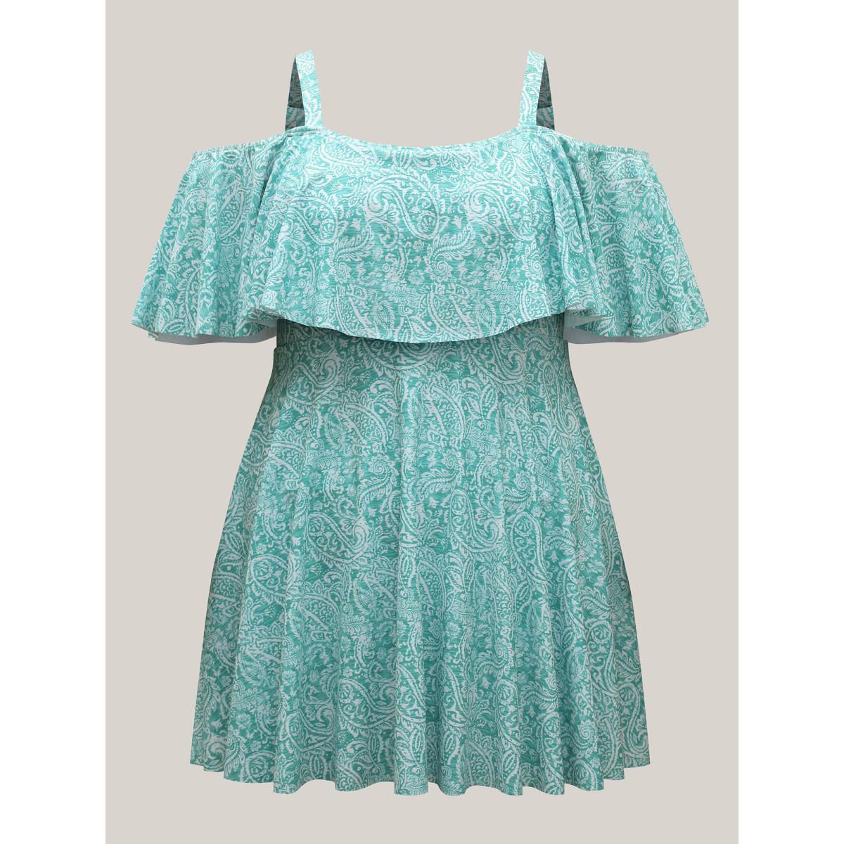 Plus Size Anti-Float Tie Paisley Print Swim Dress Women's Swimwear Malachitegreen Resort Bodycon One-shoulder neck High stretch Curve Swim Dresses BloomChic 30/6X Product Image