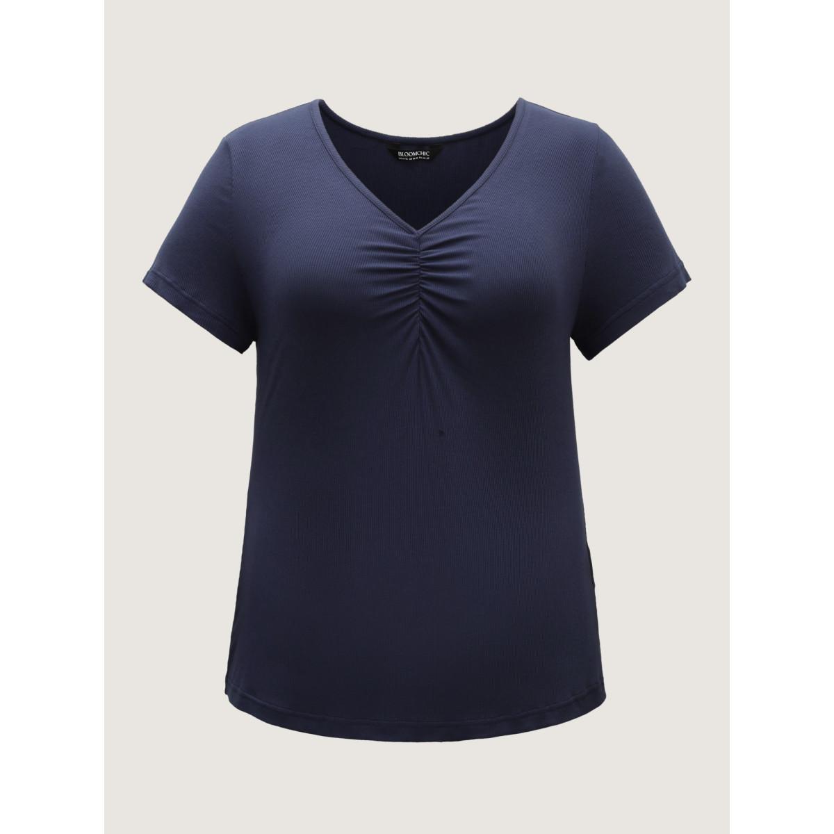 Plus Size Pleated Neckline Slim-Fit Plain T-Shirt Indigo Women Timeless Gathered V-neck Bodycon Elegant T-shirts BloomChic 18-20/2X Product Image