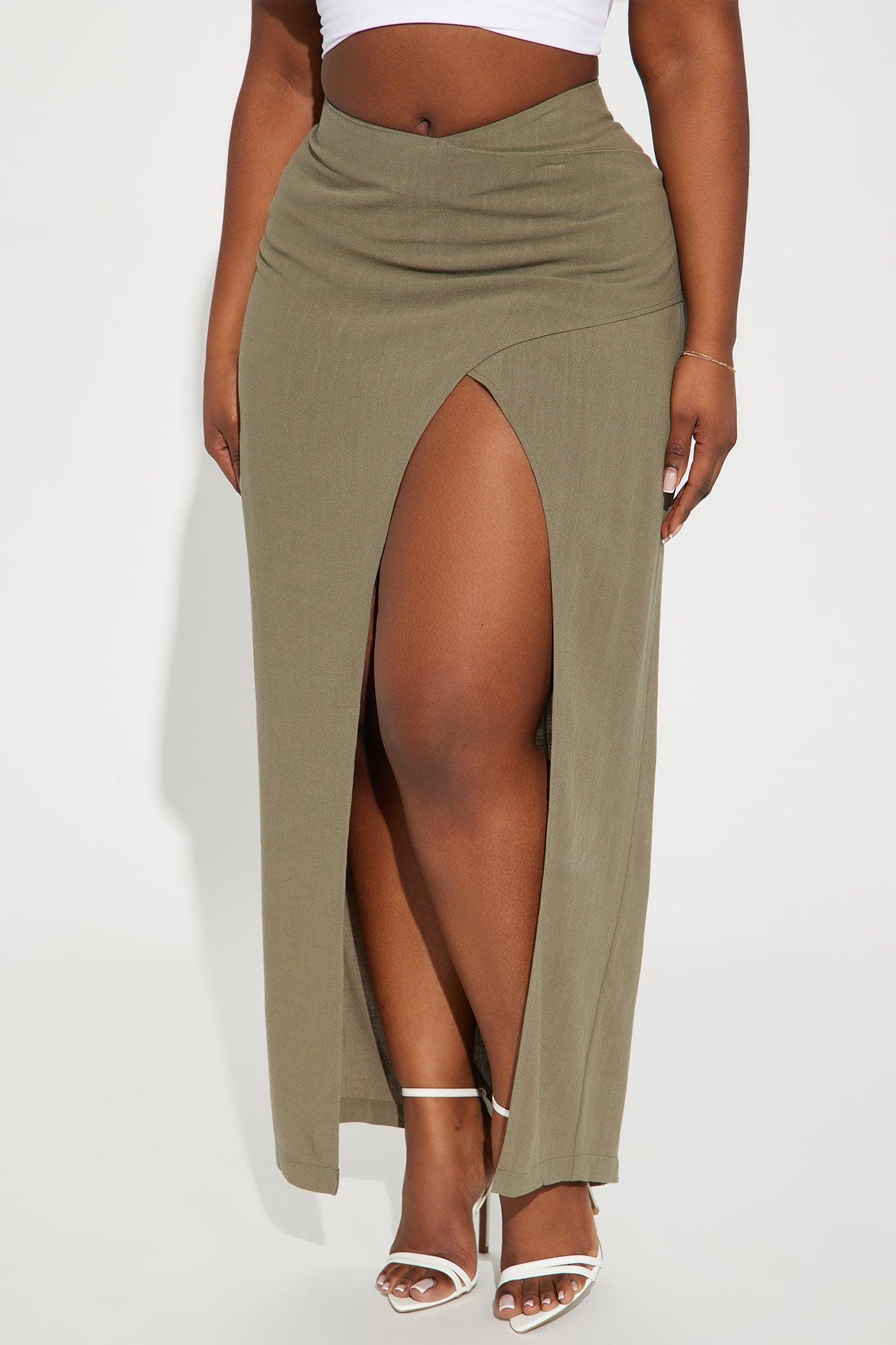 Dezi Linen Slit Maxi Skirt - Olive Product Image