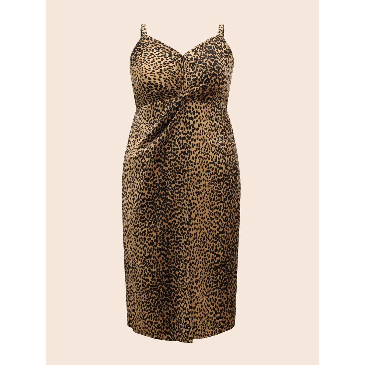 Plus Size Leopard Print Twist Front Cami Dress Bronze Women Elegant Twist Heart neckline Sleeveless Curvy BloomChic 10/M Product Image
