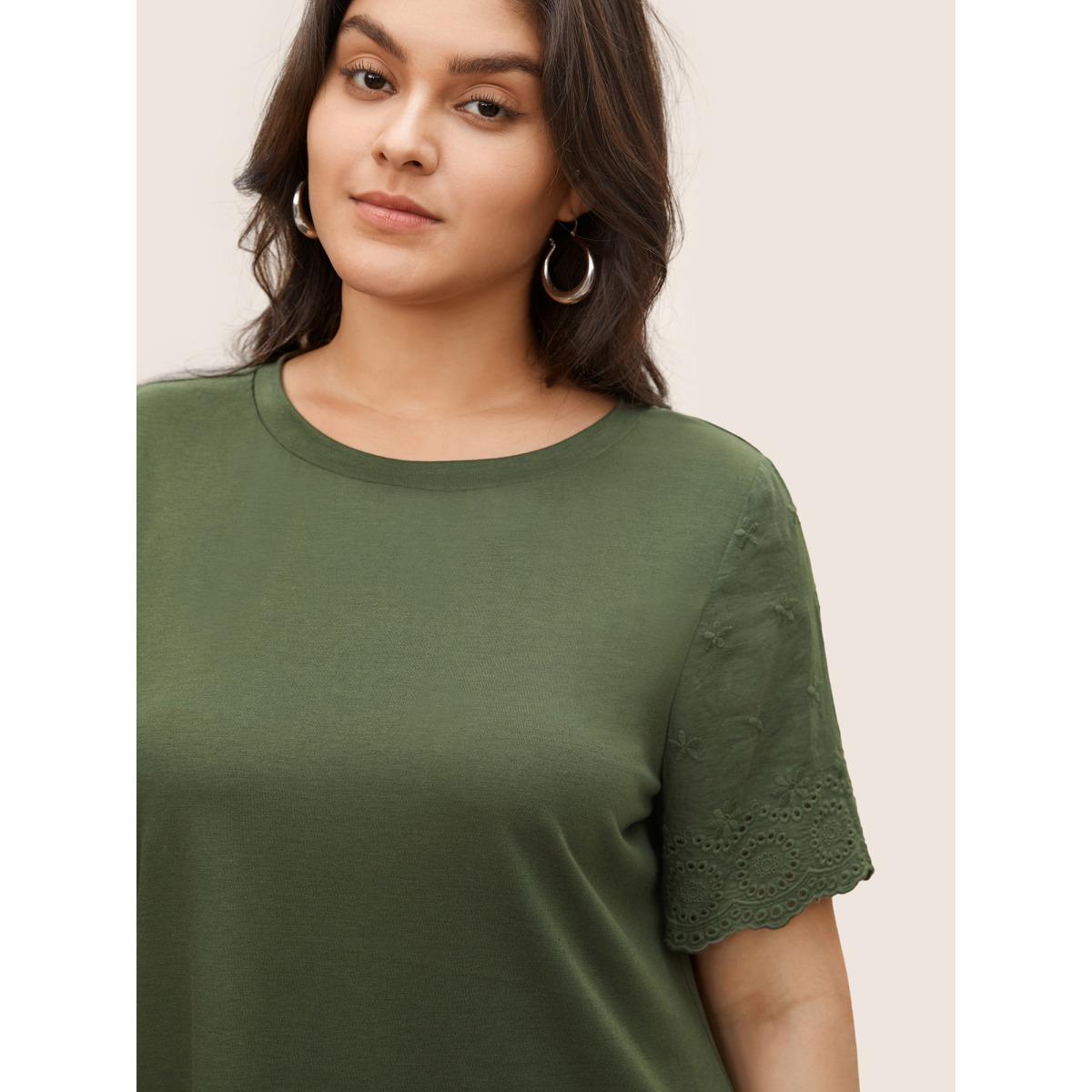 Plus Size Plain Crew Neck Broderie Anglaise T-shirt ArmyGreen Women Elegant Non Plain Round Neck Everyday T-shirts BloomChic 12/L Product Image