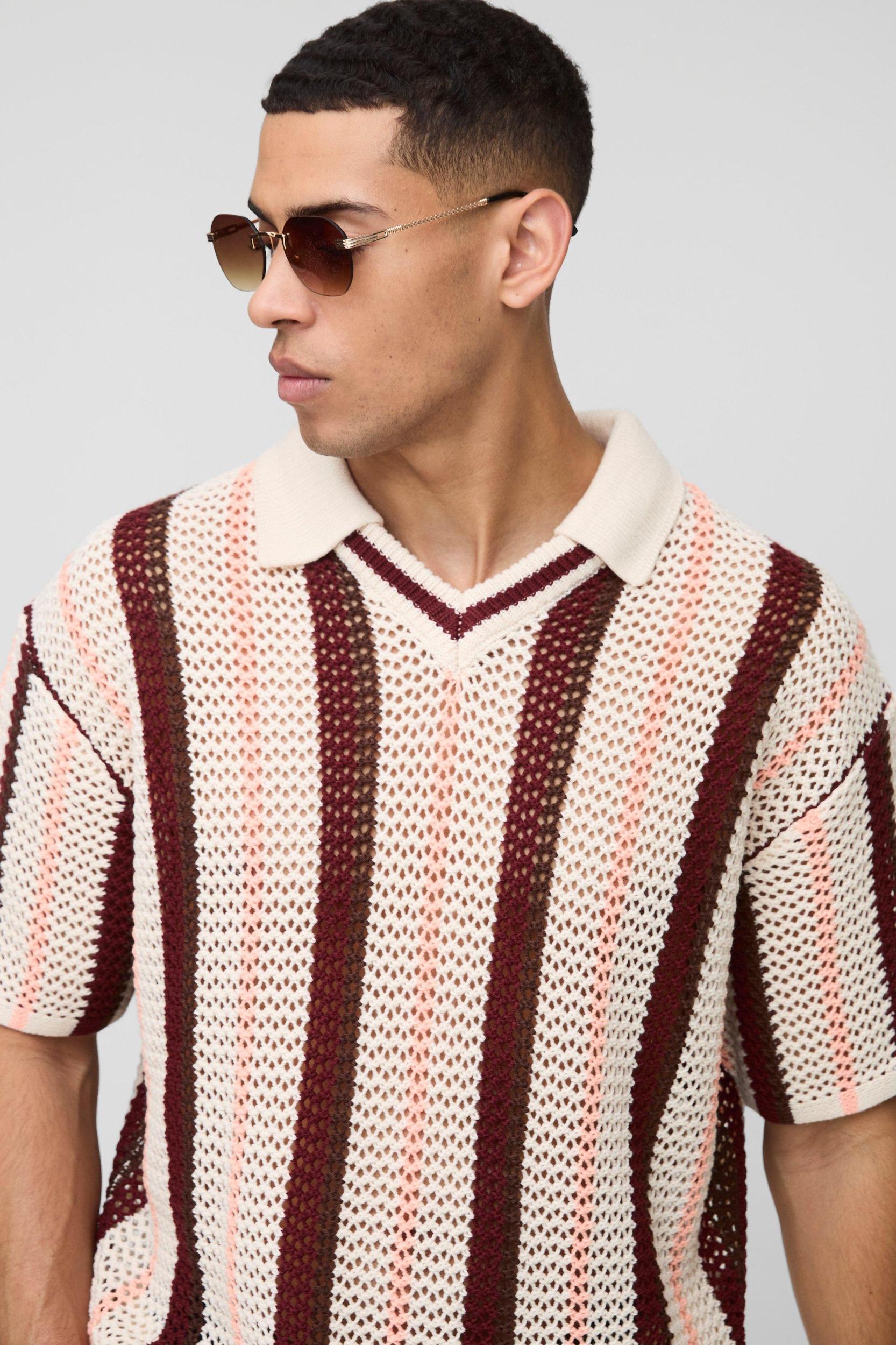 Oversized Boxy Open Stitch Revere Collar Stripe Knitted Polo | boohooMAN USA Product Image