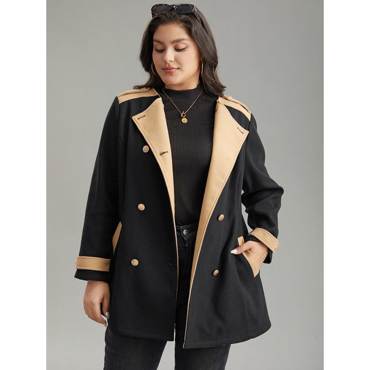 Plus Size Lapel Collar Patchwork Double Breasted Pocket Coat Women Black Casual Contrast Ladies Dailywear Winter Coats BloomChic 18-20/2X Product Image