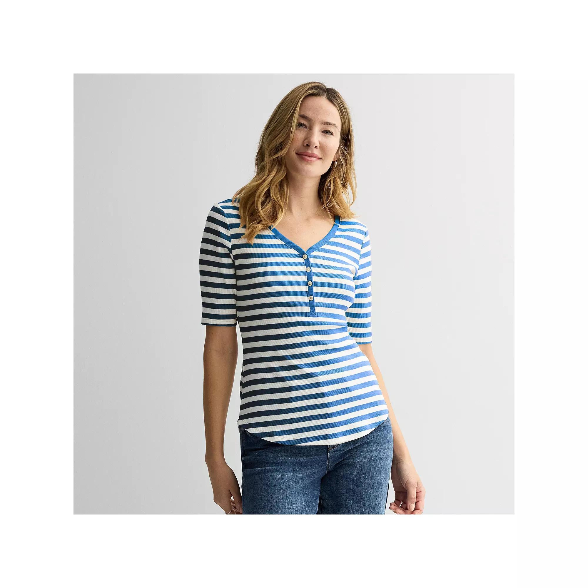 Women's Sonoma Goods For Life® Slim-Fit Henley, Size: Medium, Blue Ivory Stripe Product Image