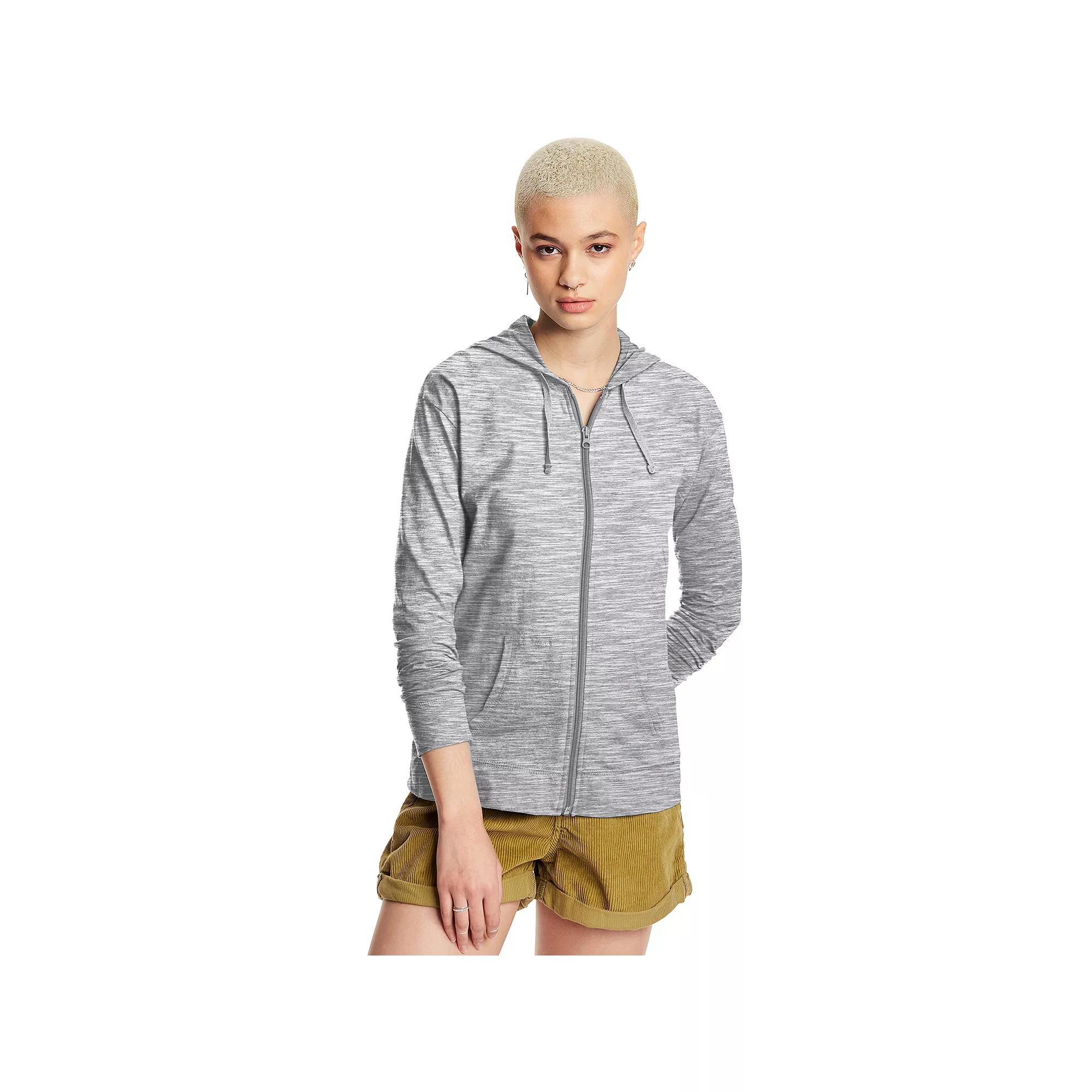 Womens Hanes Slub Jersey Full Zip Hooded Sweatshirt Dada Gray Grey Product Image