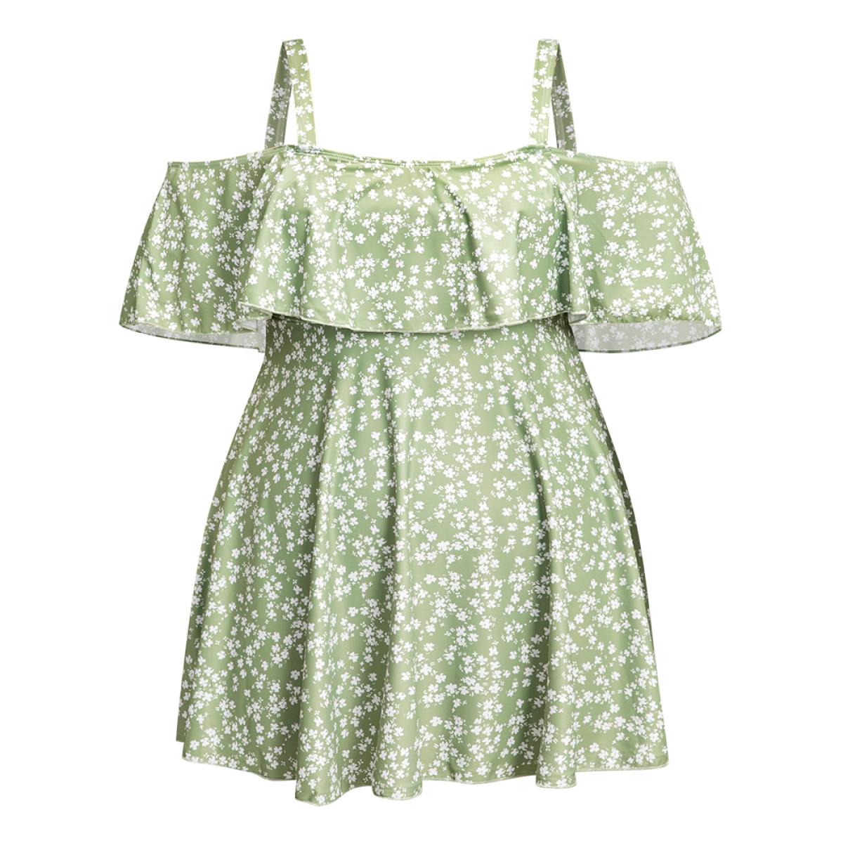 Plus Size Ditsy Floral Cold Shoulder Sculpt Waist Ruffles Swim Dress Women's Swimwear Mint Beach Bodycon One-shoulder neck High stretch Curve Swim Dresses BloomChic 28/5X Product Image