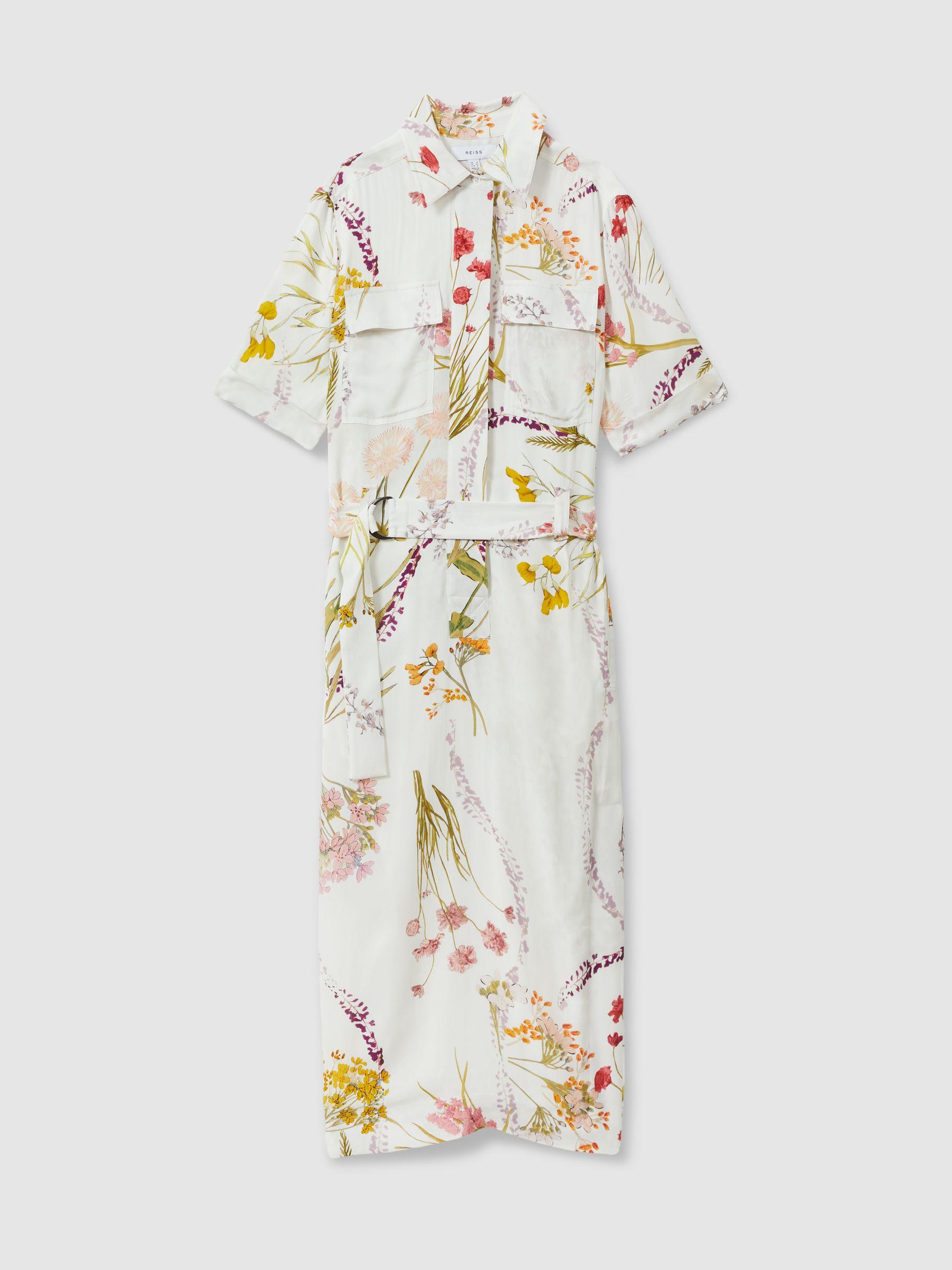 Floral Print Belted Midi Dress in Ivory/Orange Product Image
