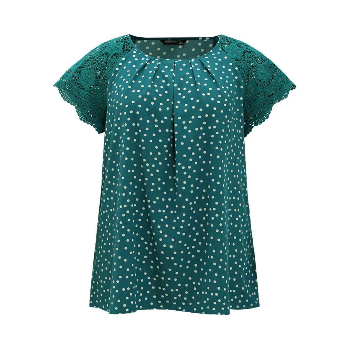 Plus Size Emerald Polka Dot Pleated Detail Lace Raglan Sleeve Blouse Women Elegant Short sleeve Round Neck Dailywear Blouses BloomChic 10/M Product Image