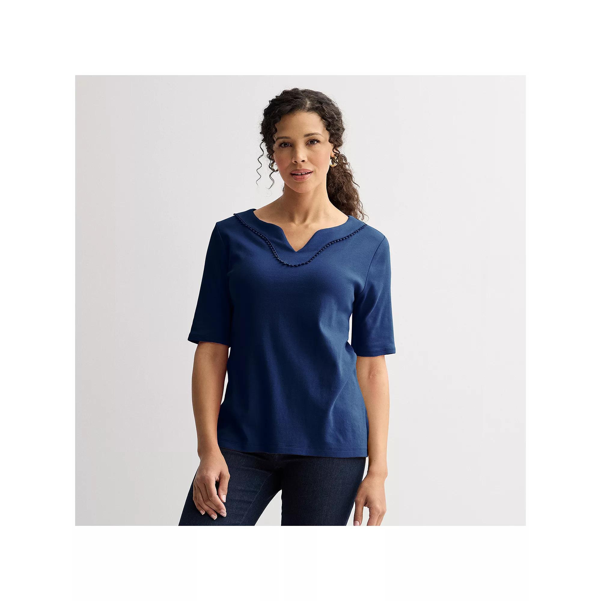 Women's Croft & Barrow® Bobble Trim Splitneck Elbow Sleeve Top, Size: Medium, Felix Blue Product Image