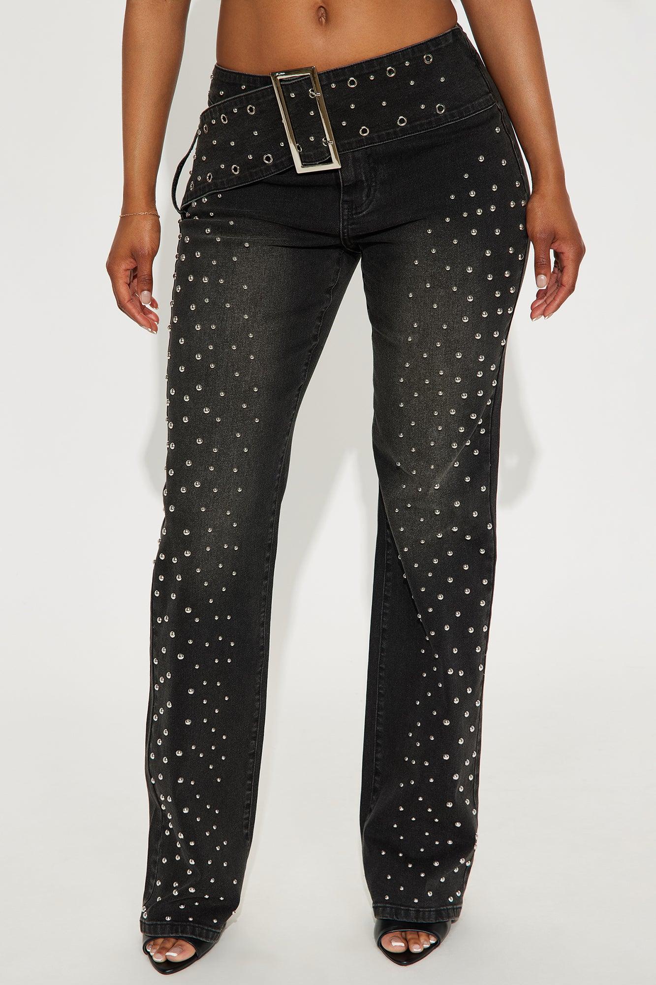 Let's Get It Studded Mid Rise Flare Jeans - Black Wash Product Image