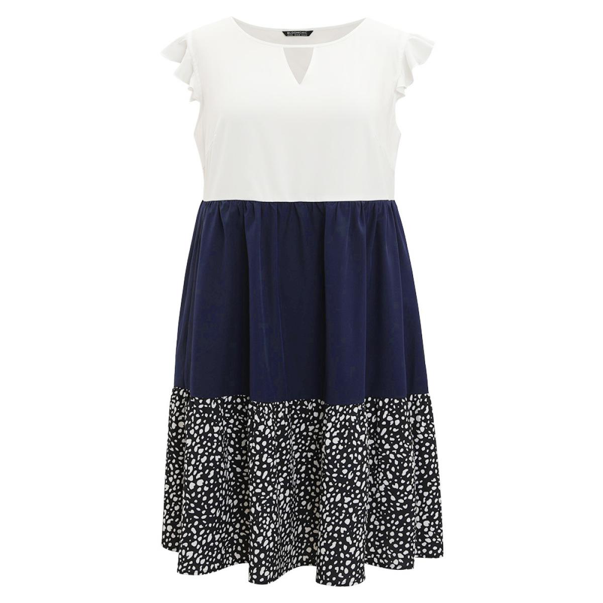 Plus Size Leopard Print Patchwork Ruffle Cap Sleeve Keyhole Dress DarkBlue Women Elegant Patchwork Keyhole Cut-Out Cap Sleeve Curvy Knee Dress BloomChic 30/6X Product Image