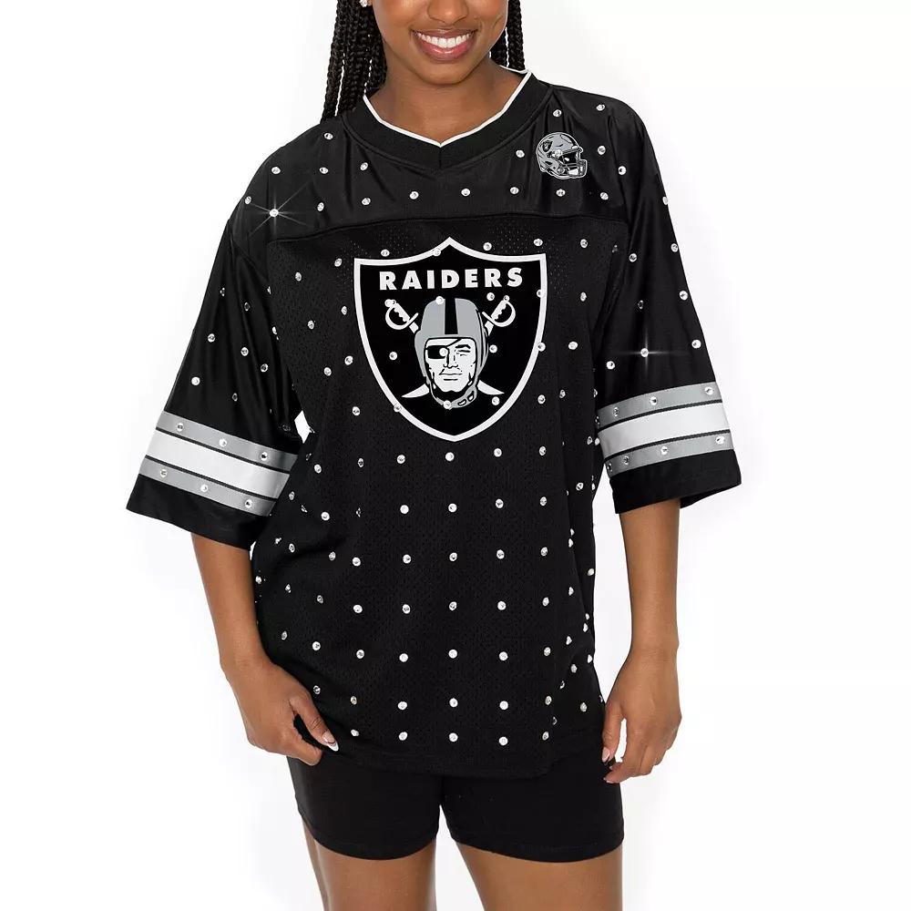 Women's Gameday Couture Black Las Vegas Raiders Kickoff Time Allover Rhinestone Sports Stripe Jersey V-Neck T-Shirt, Size: XS, Lvr Black Product Image