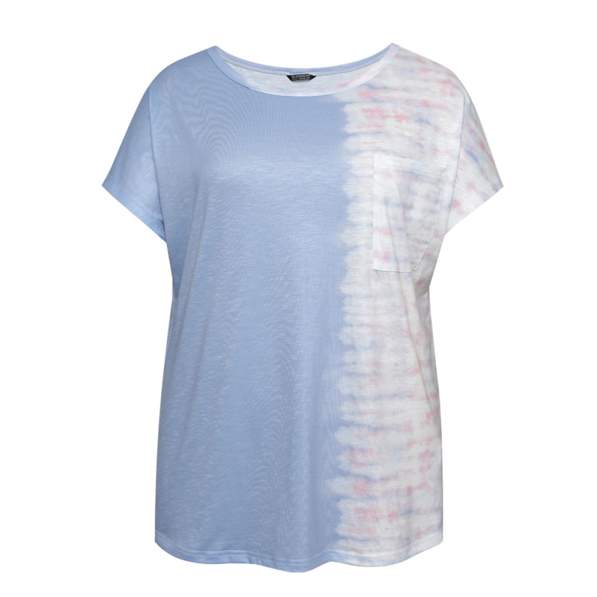 Plus Size Tie Dye Batwing Sleeve Cut Out Two Tone T-shirt Multicolor Women Casual Contrast Colorblock Round Neck Dailywear T-shirts BloomChic 18-20/2X Product Image