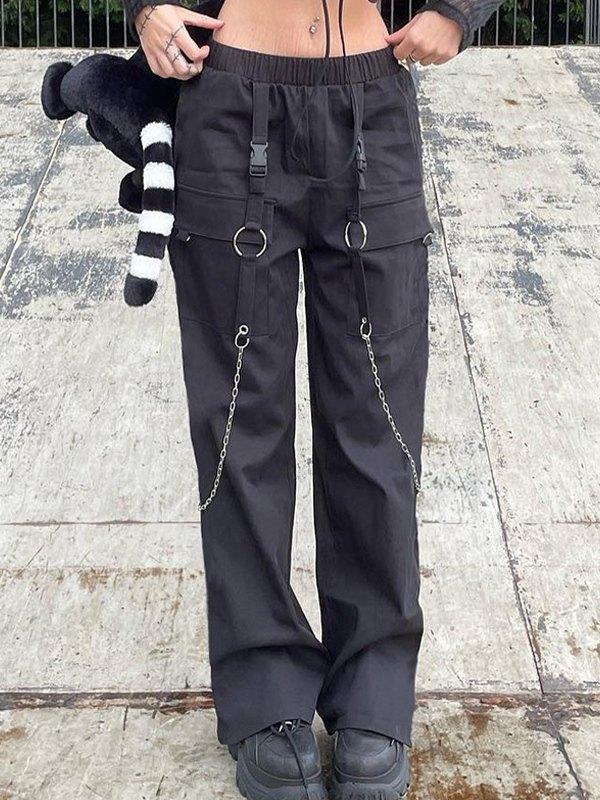 Buckle Strap Black Cargo Pants Product Image